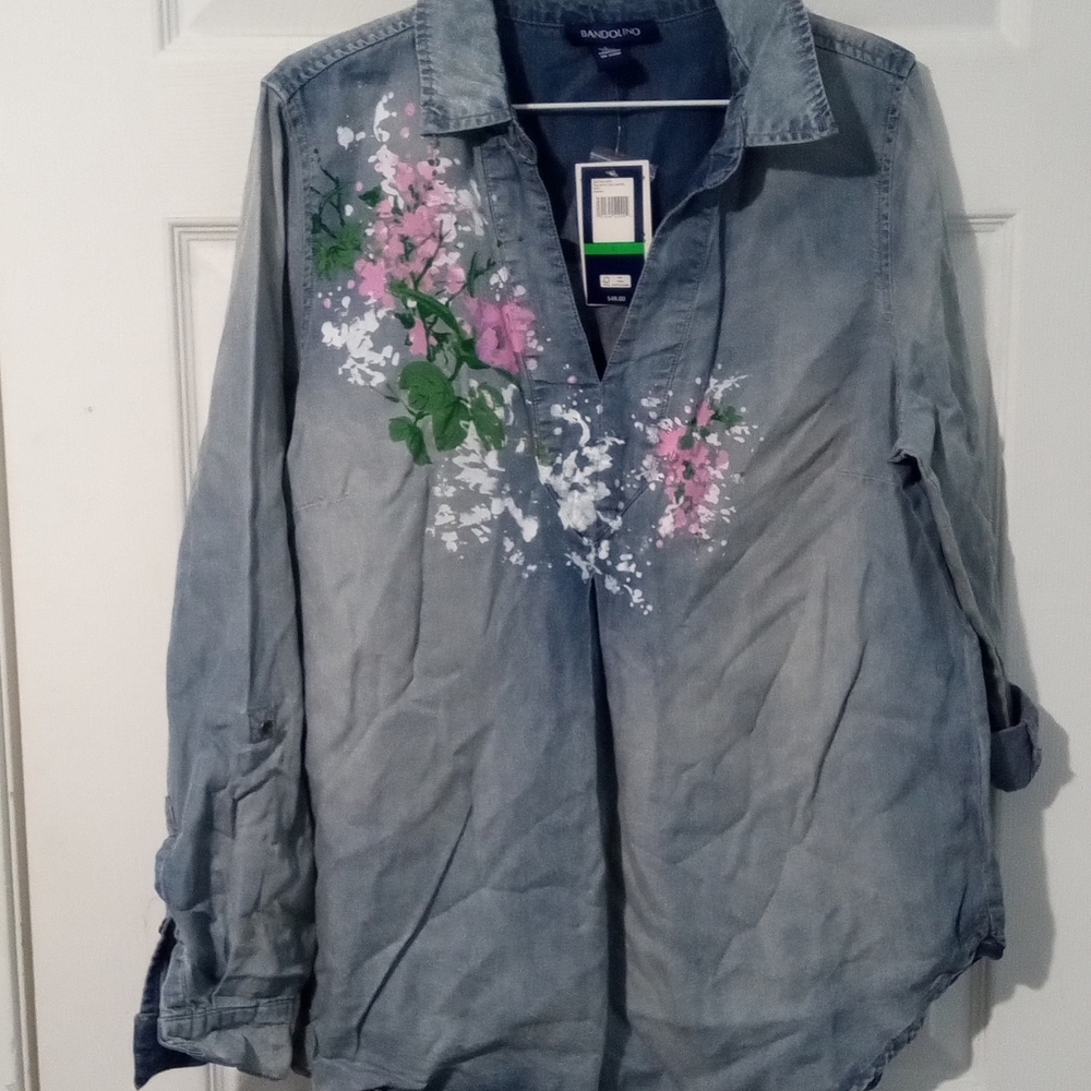 Bandolino Denim Blouse with Floral Accents